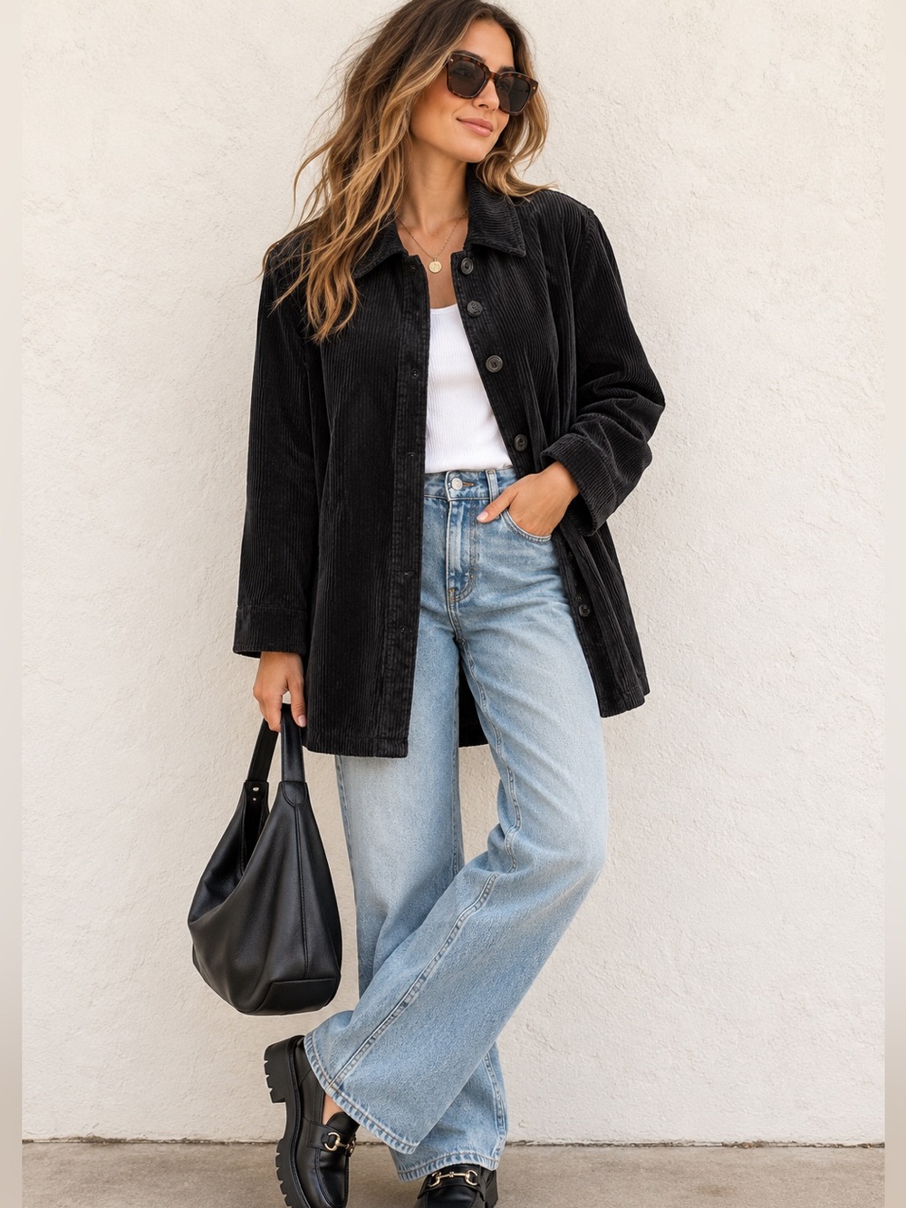 J. Jill Black Corduroy Jacket Medium Cotton Longline Chore Shirt Shacket